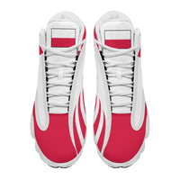 White high-top sneakers with red tongue lining and Poland flag on heel tabs