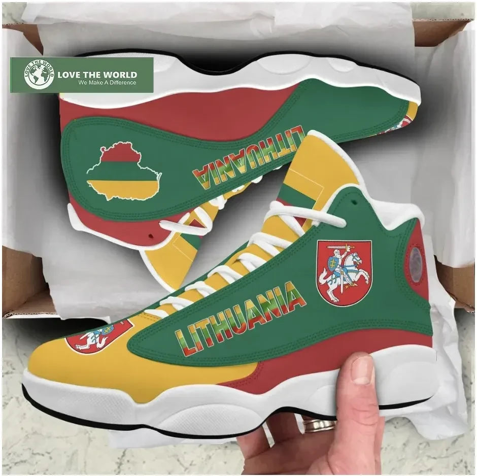 Multicolor Lithuania high-top sneakers, green upper with red heel and yellow toe, white laces