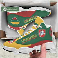 Multicolor Lithuania high-top sneakers, green upper with red heel and yellow toe, white laces