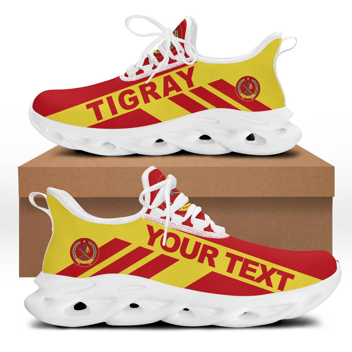 Red and yellow Tigray stripe chunky sneakers with white sole and white laces