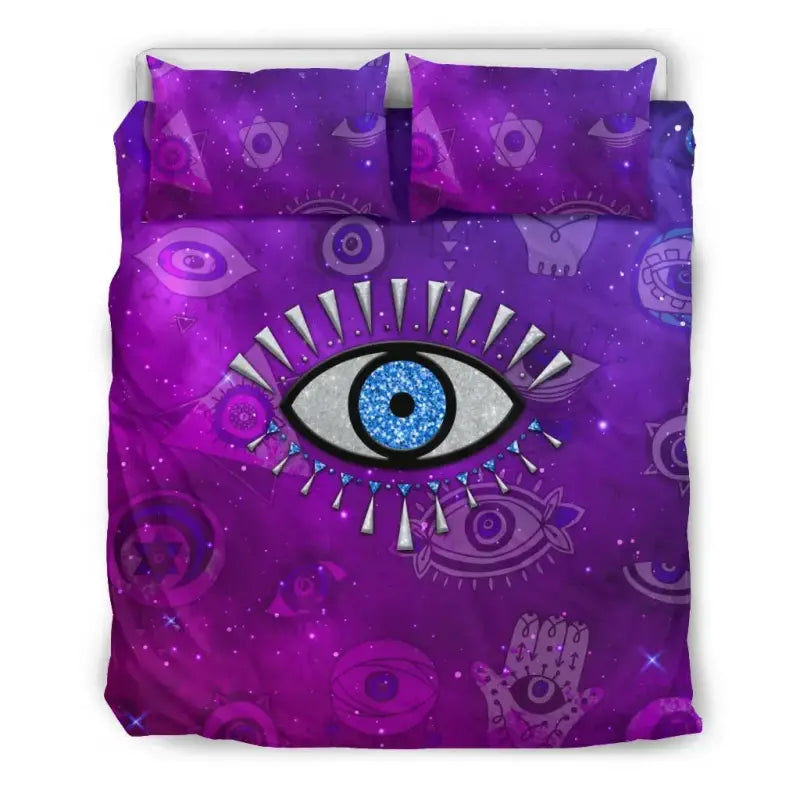 Purple duvet cover and pillowcases with large blue evil eye motif, universe pattern