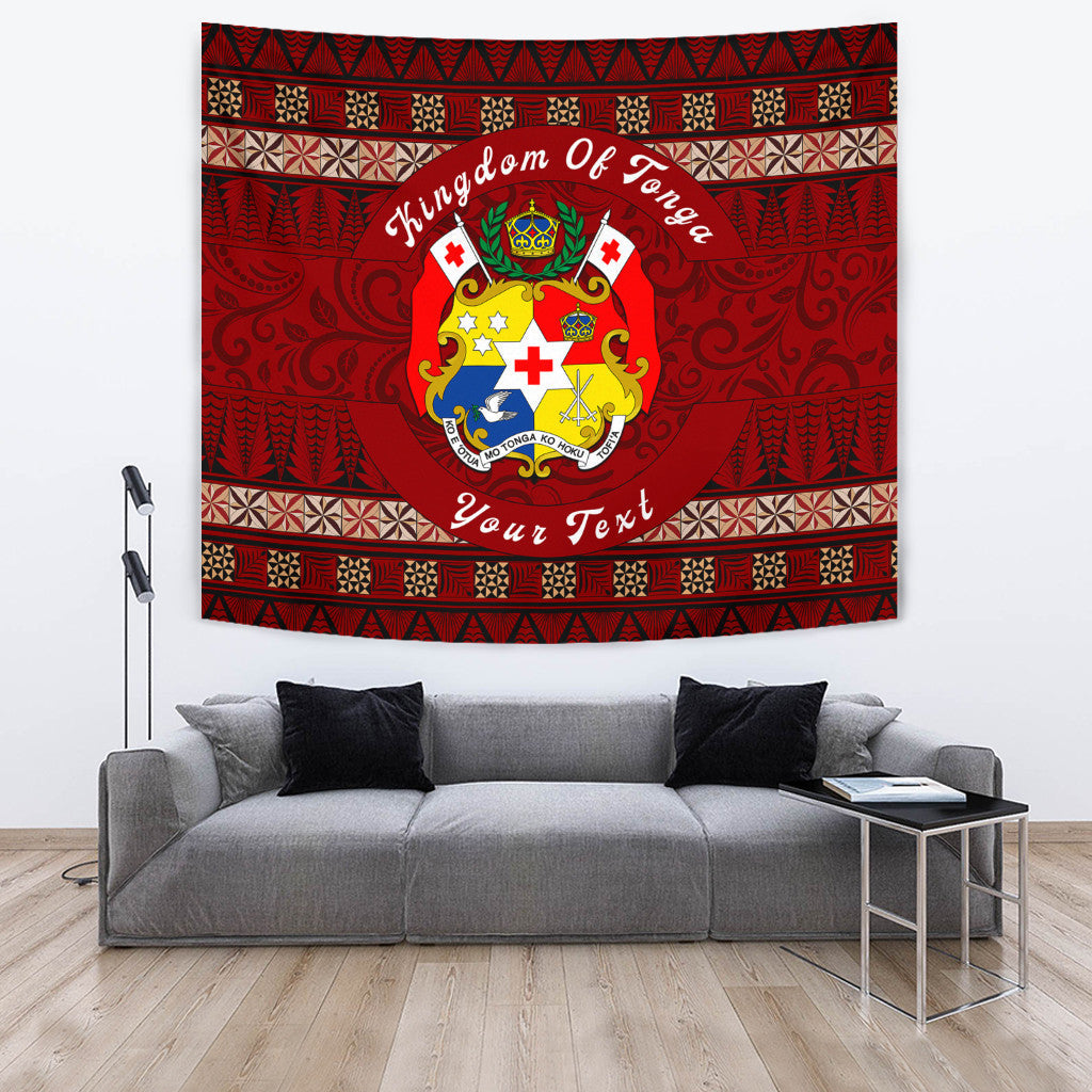 Red Tonga Ngatu circle tapestry: crest emblem and custom “Your Text”