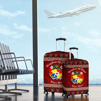 Red luggage covers with Tonga crest and 'Your Text', matching bold patterned striping