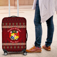 Red luggage cover with Tonga crest and 'Your Text' on bold circular patterned design