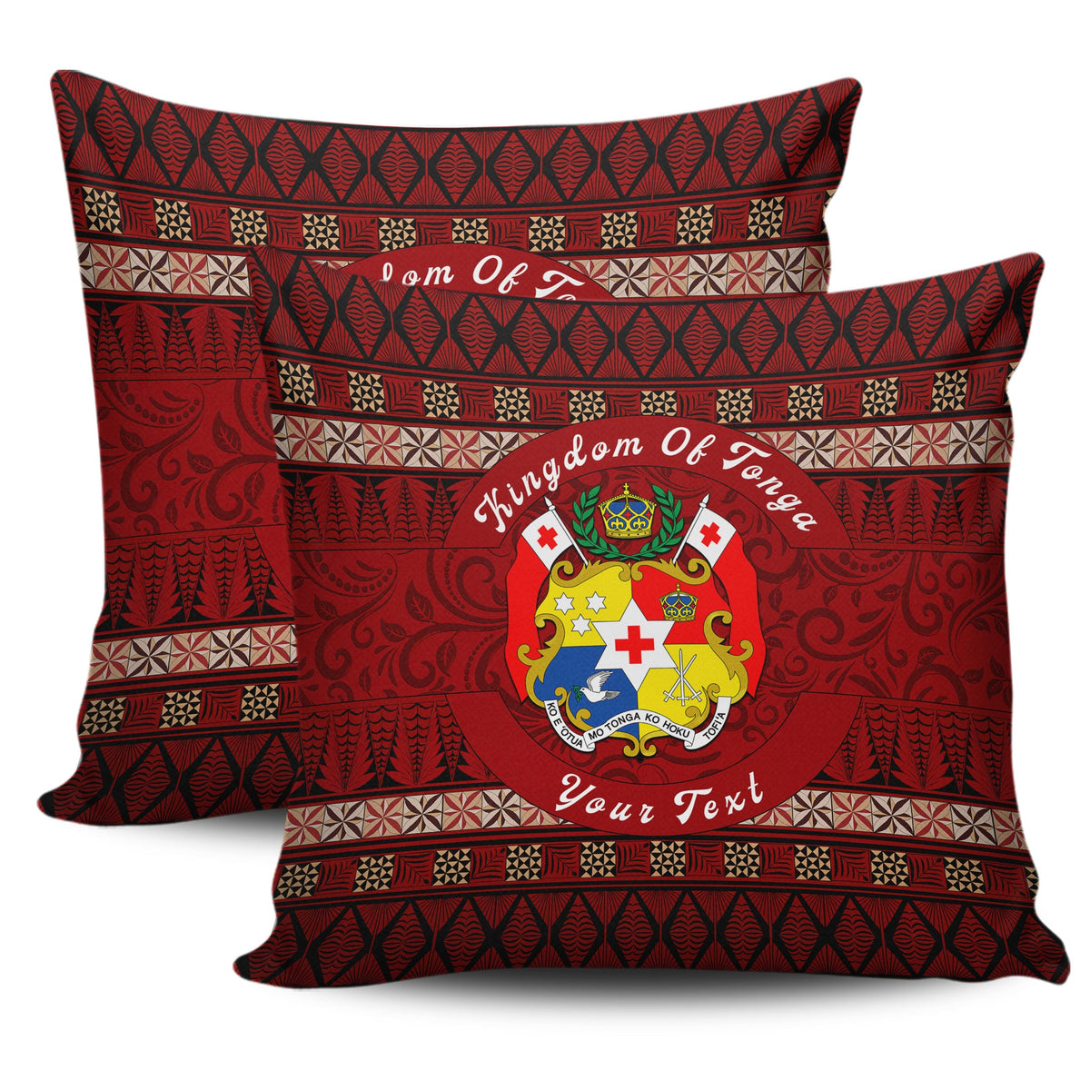 Red cushion cover set with Tonga crest logo and 'Your Text' on patterned strip design