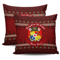 Red cushion cover set with Tonga crest logo and 'Your Text' on patterned strip design