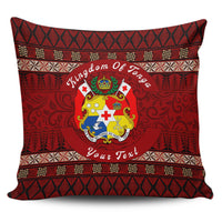 Red cushion cover with Tonga crest logo and 'Your Text' on patterned fabric