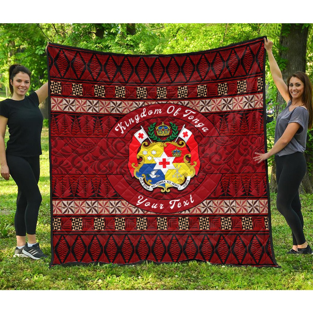 Tonga Ngatu quilt with red and black patterns, multicolor crest circle and custom text