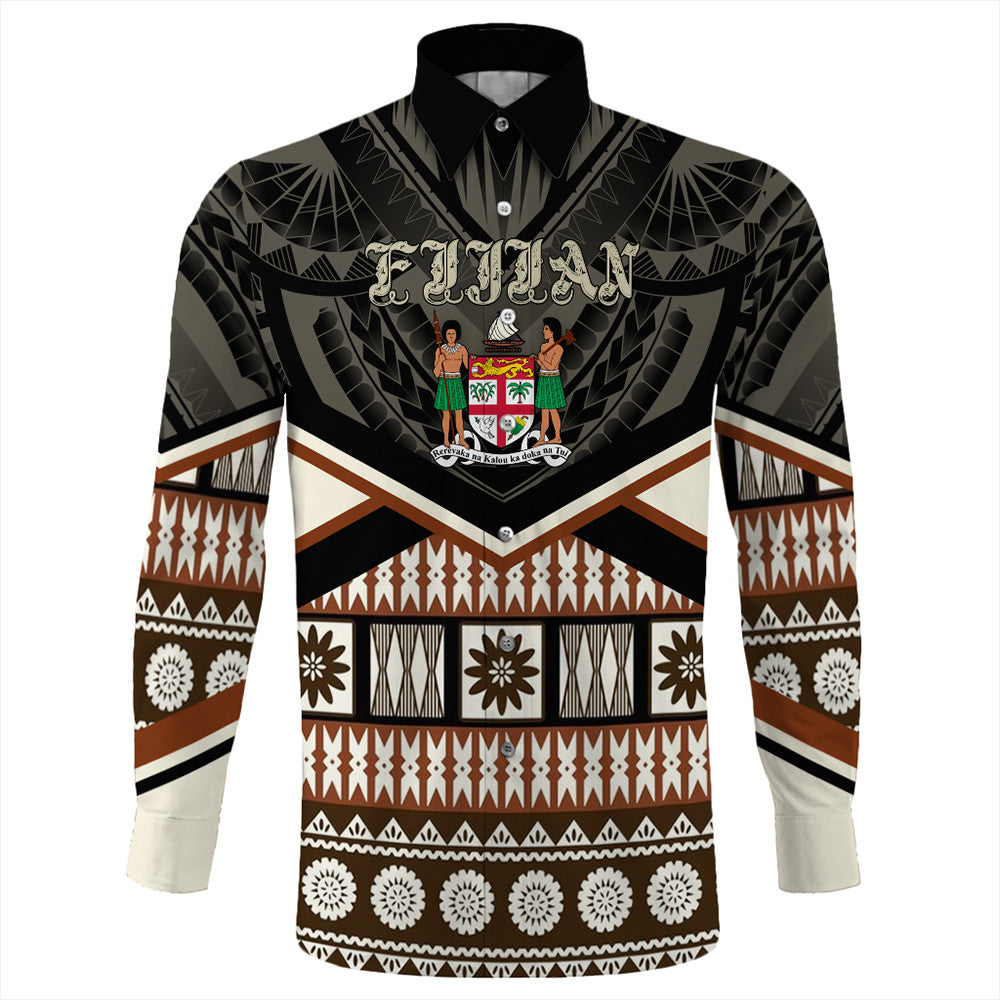 Black long-sleeve button shirt with Fiji crest and geometric tribal stripe print