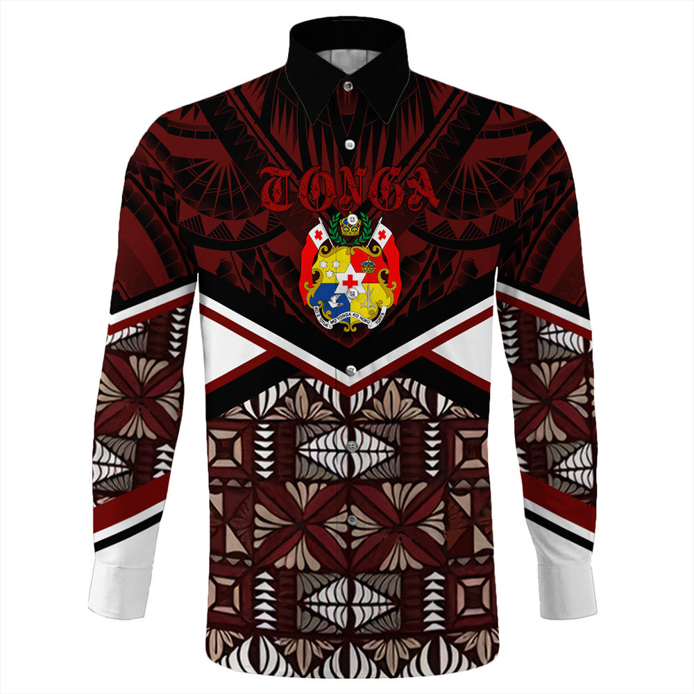 Red long-sleeve button shirt with black collar, crest emblem, and Tongan geometric print