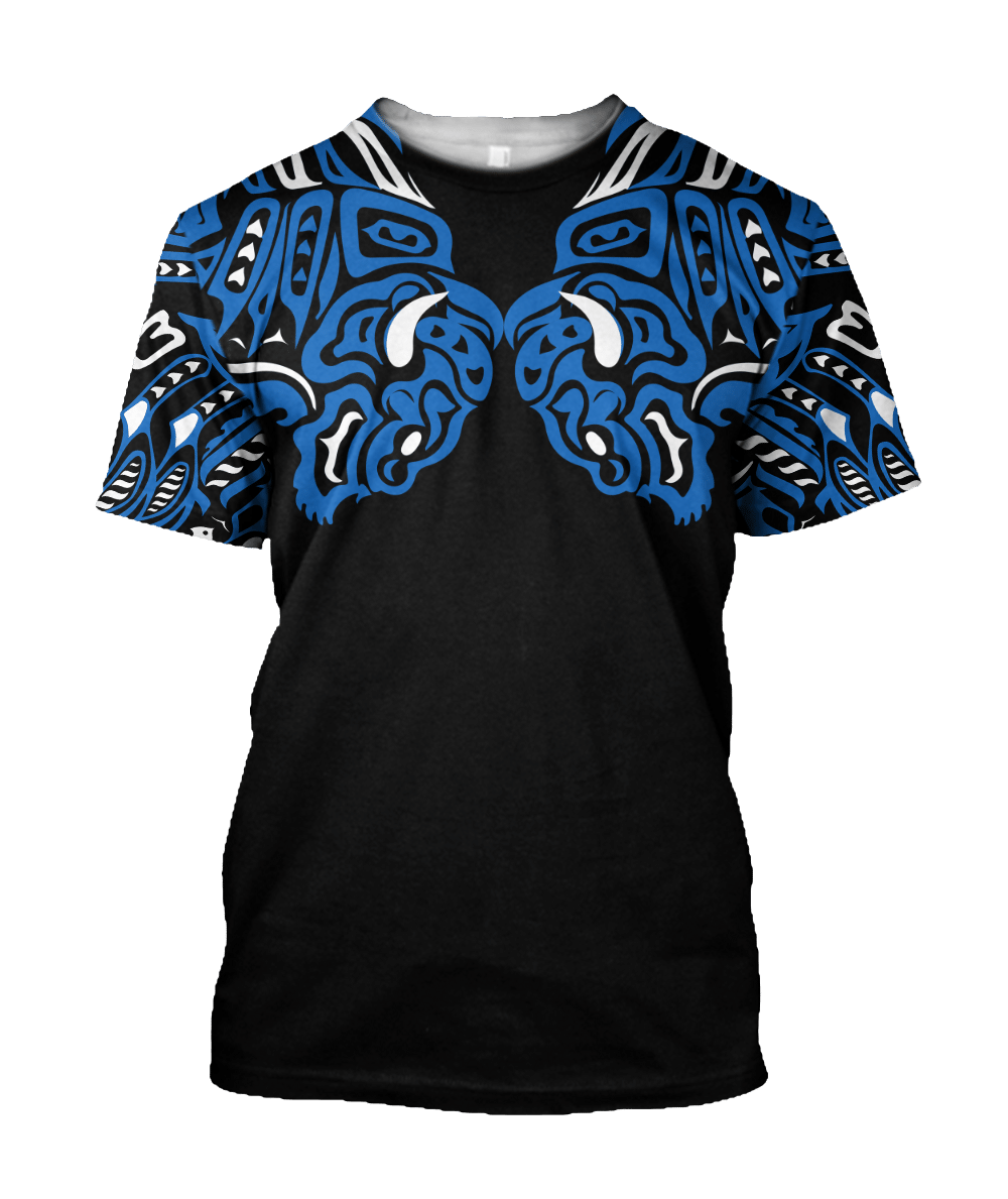 Black T-shirt with blue and white buffalo tribal face graphic across chest