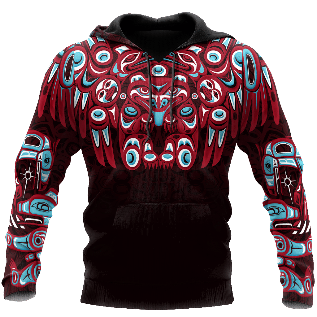 Zip hoodie with centered bear design, red and turquoise pattern on dark fabric, front view
