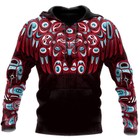 Zip hoodie with centered bear design, red and turquoise pattern on dark fabric, front view