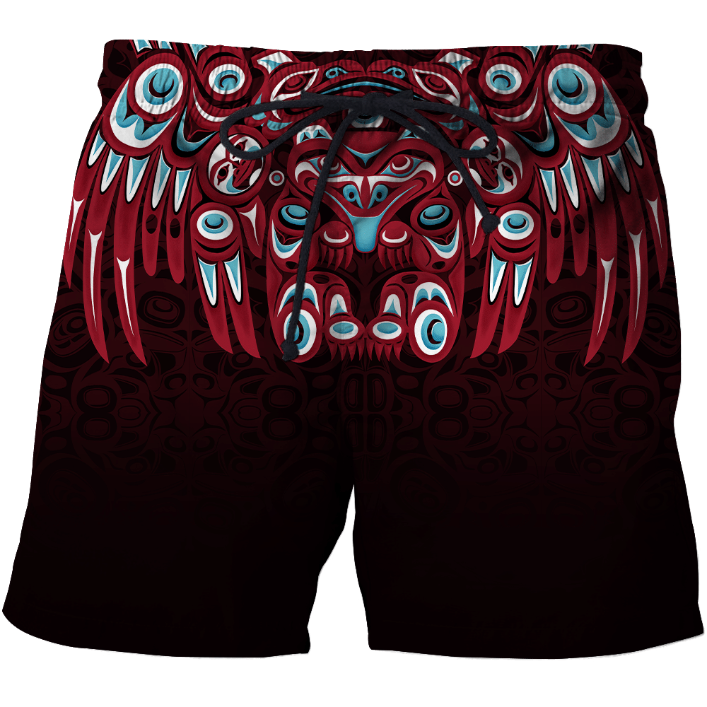 Red drawstring men’s shorts with Native bear face and blue-green eye pattern