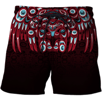 Red drawstring men’s shorts with Native bear face and blue-green eye pattern