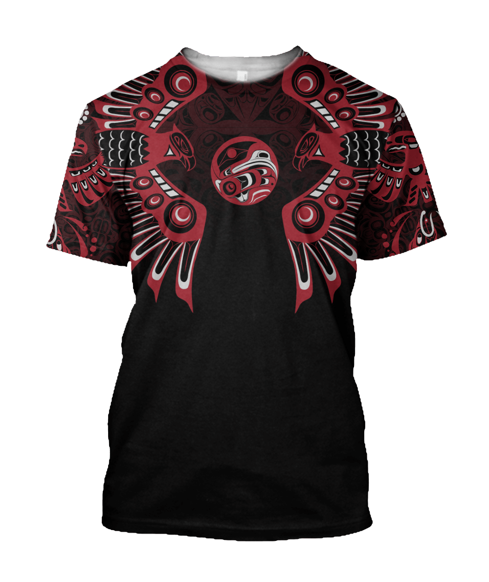 Black tee with red Native eagle spirit graphic on front and sleeves