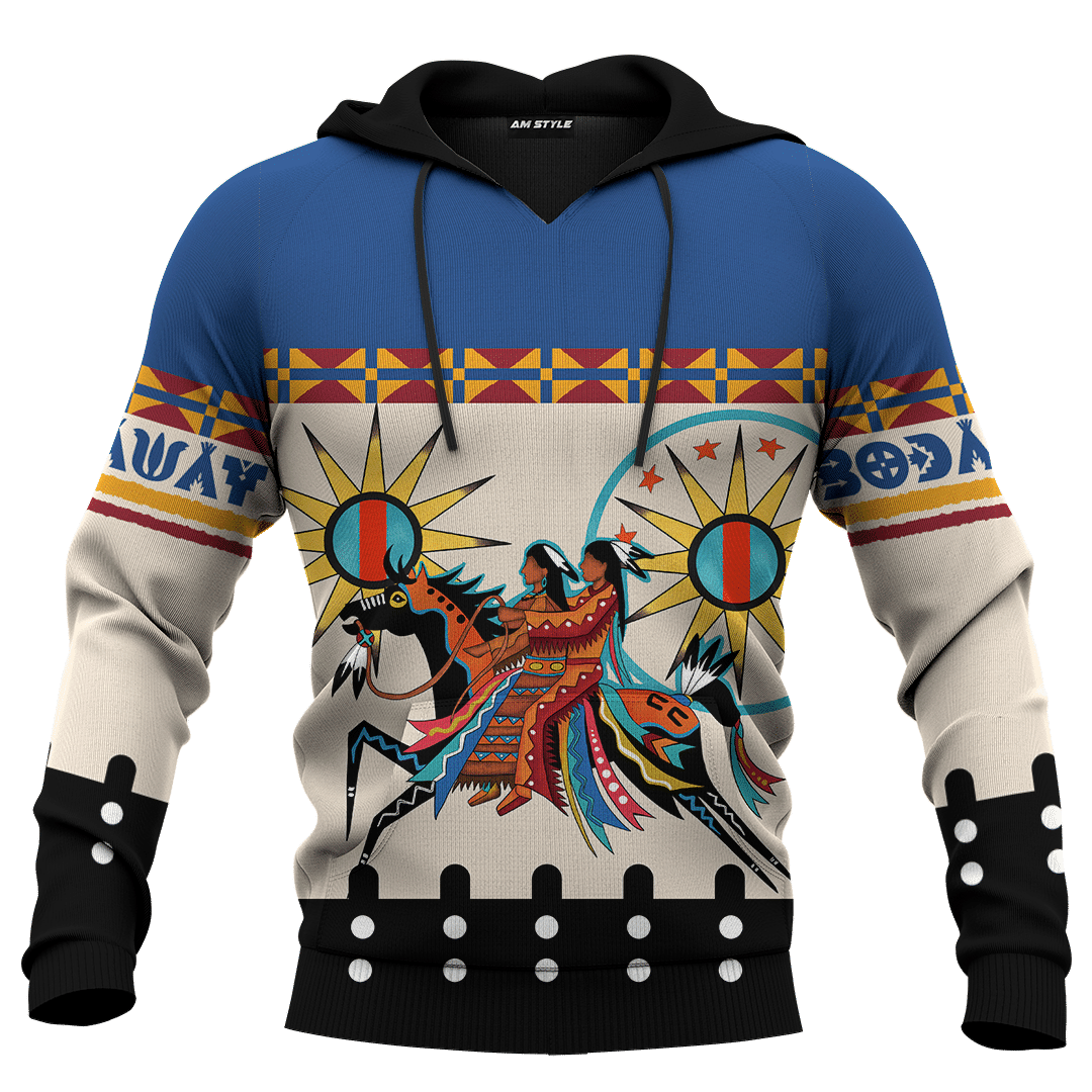 Blue zip-up hoodie with all-over Native tipi horse and couple graphic print
