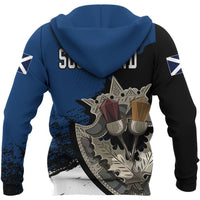Zip hoodie back view with large thistle illustration, blue hood, striped sleeve flags