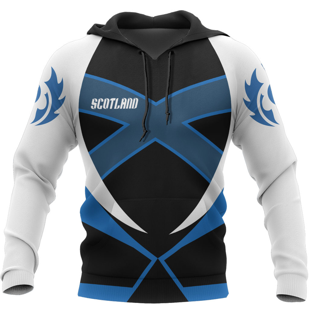 Scotland zip hoodie front with drawstring hood, blue shield cross, and 'SCOTLAND' logo