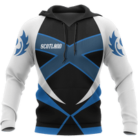 Scotland zip hoodie front with drawstring hood, blue shield cross, and 'SCOTLAND' logo