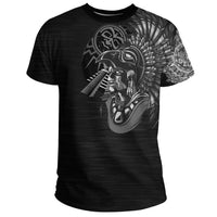 Black T-shirt with Aztec warrior front graphic and feathered tribal details