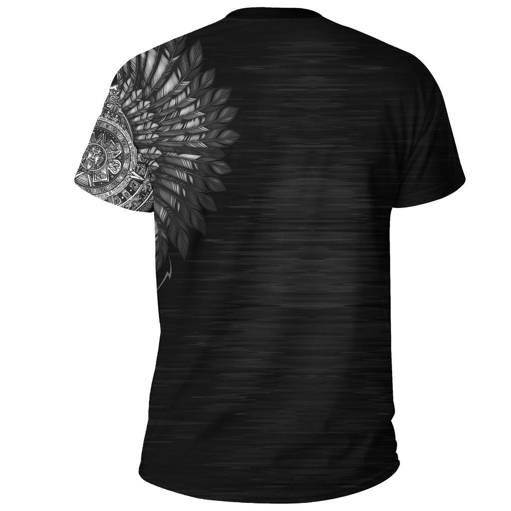 Black T-shirt back view with feather-and-ornament Aztec artwork on sleeves