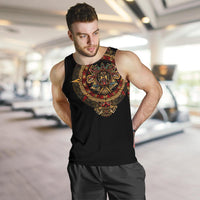 Black tank top with large Aztec sun graphic on chest, crew neck and sleeveless