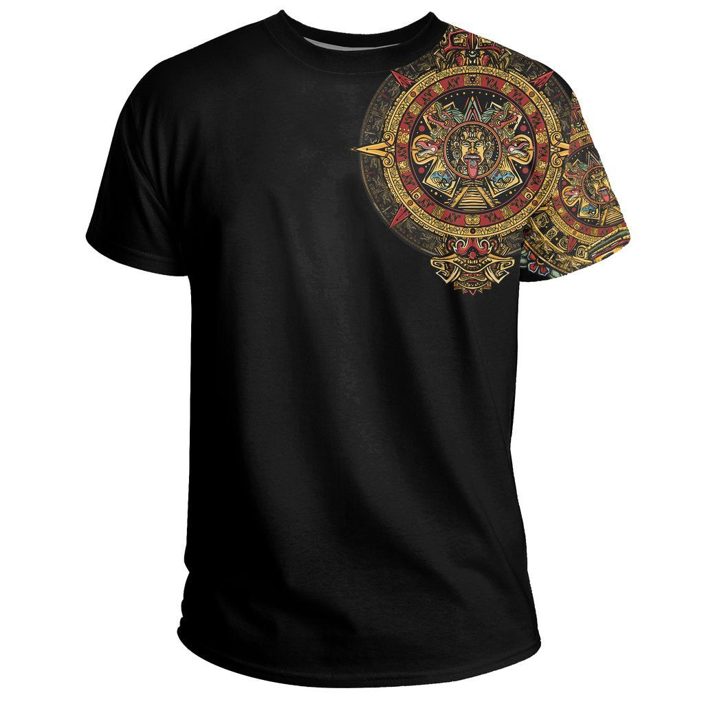 Black T-shirt with colorful Aztec sun graphic on upper right chest and sleeve