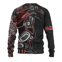Unisex black back view sweater with red and gray all-over Native-style animal graphic