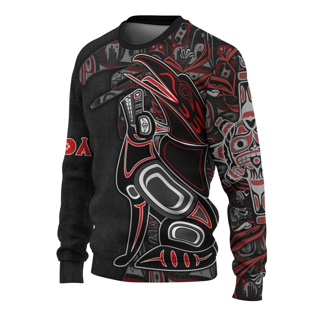 Unisex black crewneck sweater with large Native-style totem animal print in red and gray