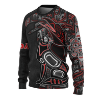Unisex black crewneck sweater with large Native-style totem animal print in red and gray