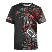 Black all-over printed T-shirt with red and gray Native-style raven graphic, front