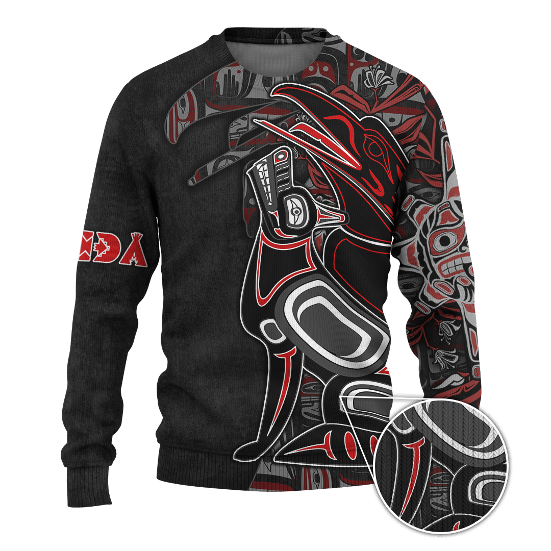Unisex black pullover sweater with all-over red and gray Native-style animal graphic