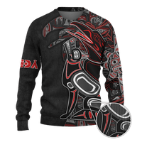Unisex black pullover sweater with all-over red and gray Native-style animal graphic