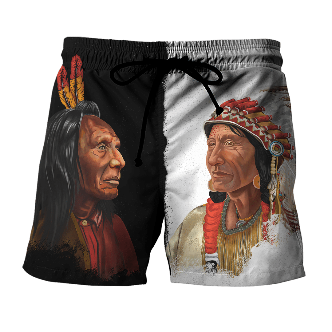 Men's all-over printed shorts: two Native American portraits; elastic waist and drawstring