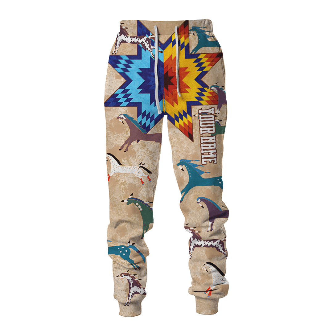 Tan Native-style sweatpants with all-over horse and star geometric 3D print