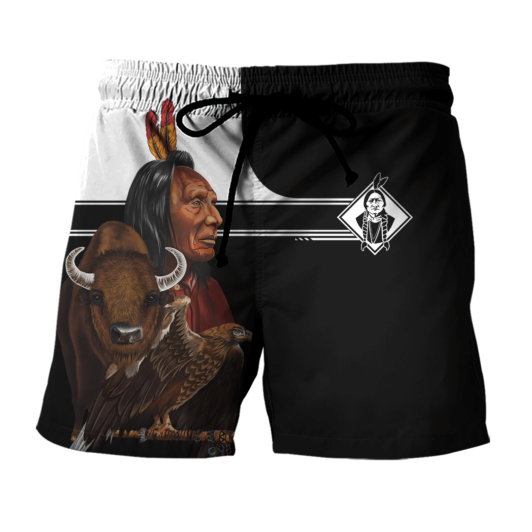 Men's black all-over shorts with Native American chief, eagle and buffalo print