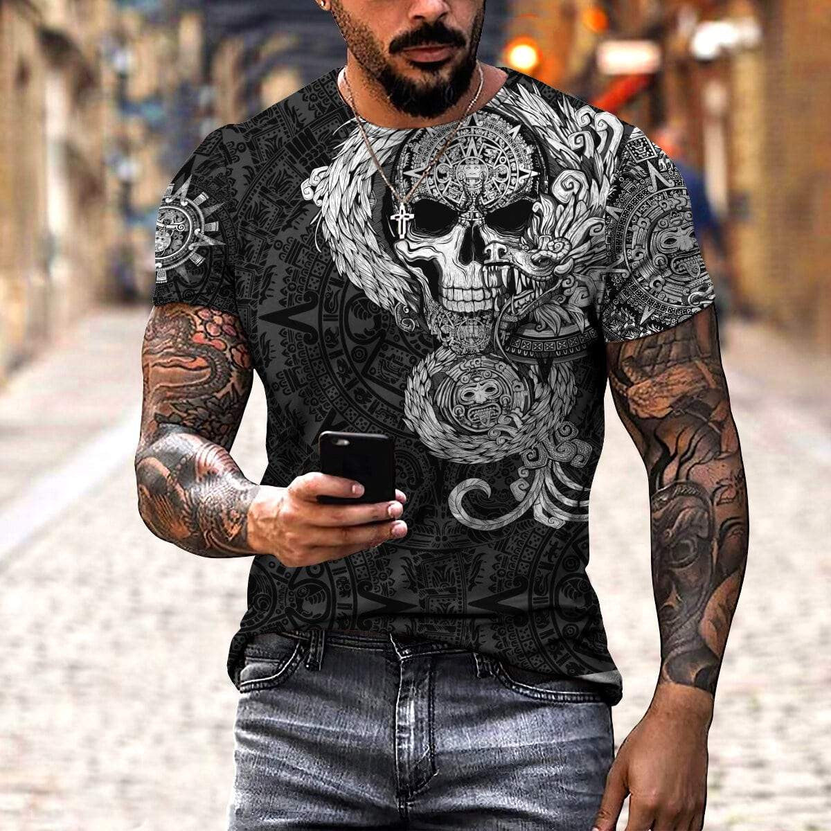 Adult black T-shirt with Aztec-style skull and feathered serpent graphic print