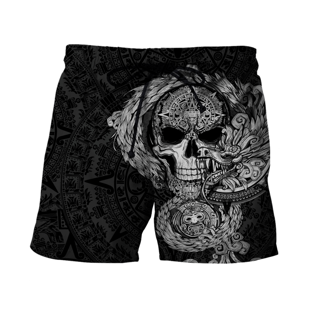 Black all-over print unisex shorts with skull and feathered serpent graphic, elastic waist