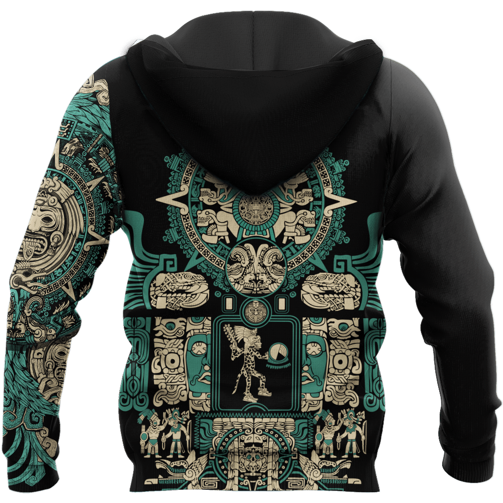 Black pullover hoodie back with teal Aztec sun stone panel and figures all-over