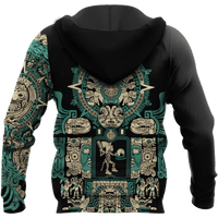 Black pullover hoodie back with teal Aztec sun stone panel and figures all-over