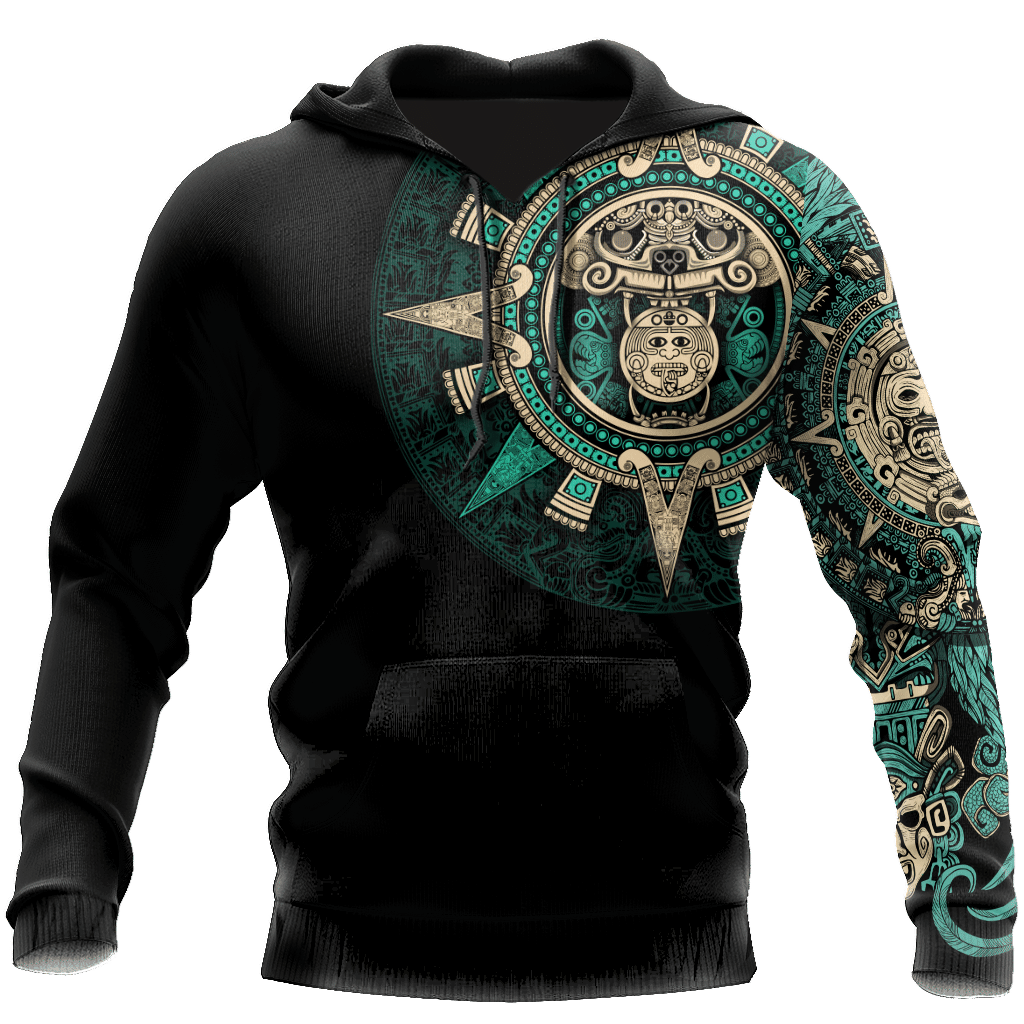 Black pullover hoodie with teal and gold Aztec sun stone all-over print