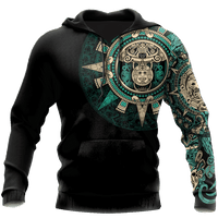 Black pullover hoodie with teal and gold Aztec sun stone all-over print
