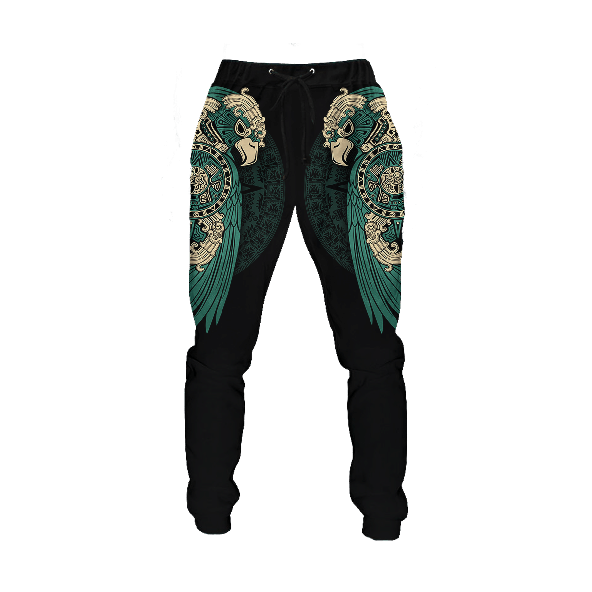 Black sweatpants with teal and gold Aztec warrior eagle graphic; drawstring waistband