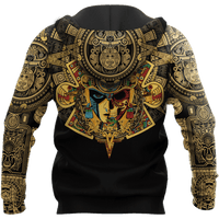 Unisex pullover hoodie back view, black with Aztec skull warrior center graphic