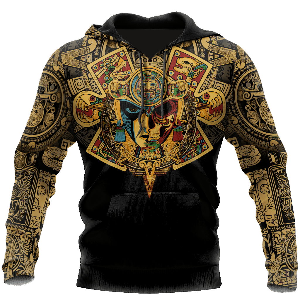 Unisex pullover hoodie, black with colorful Aztec skull warrior all-over print