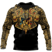 Unisex pullover hoodie, black with colorful Aztec skull warrior all-over print