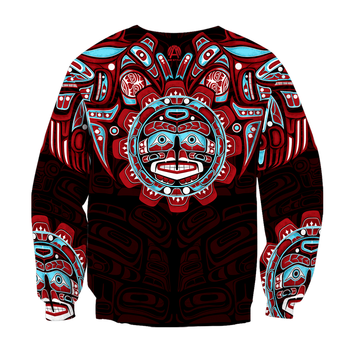 Unisex crewneck sweatshirt, full tribal raven artwork with red, teal, white on black