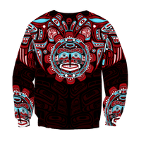 Unisex crewneck sweatshirt, full tribal raven artwork with red, teal, white on black