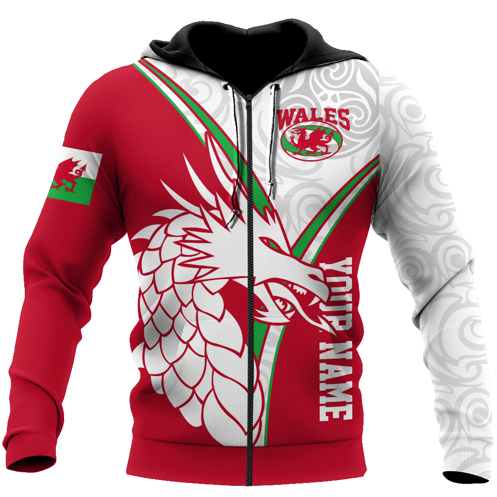 Red zip hoodie with white swirl sleeves, Wales crest and dragon design, front view